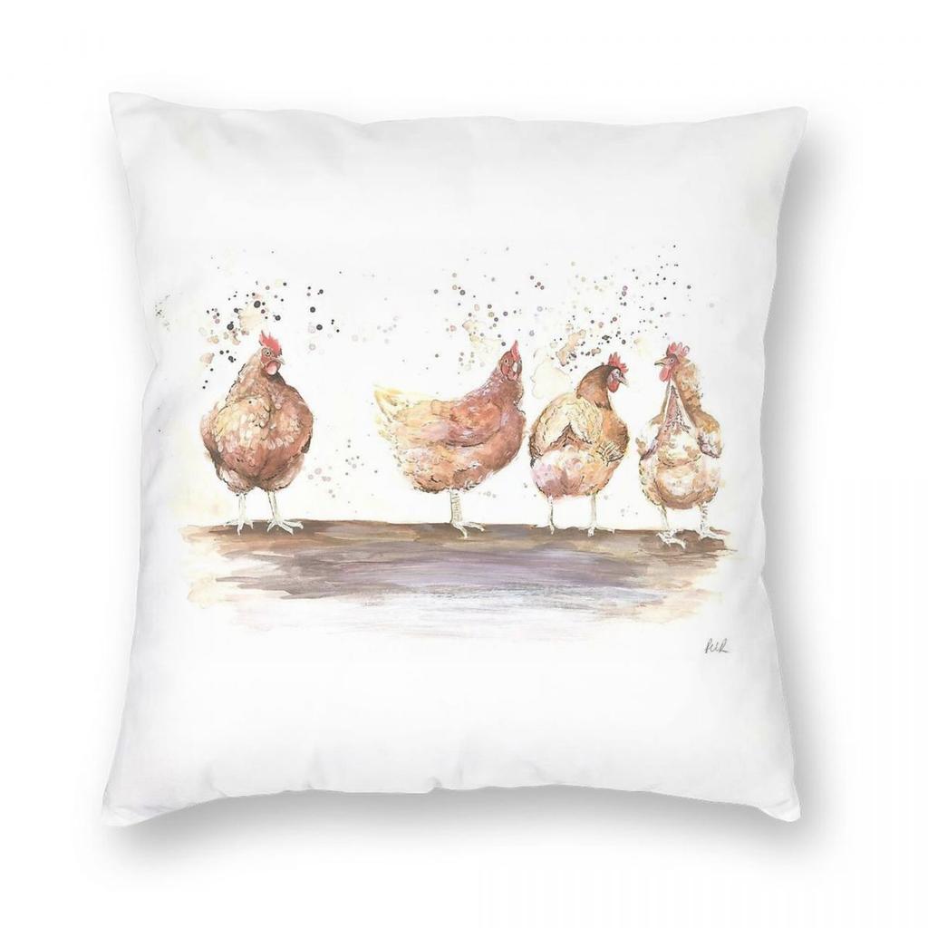 Watercolour Chickens Square Pillowcase Polyester Linen Velvet Printed Zip Decor Home Cushion Cover