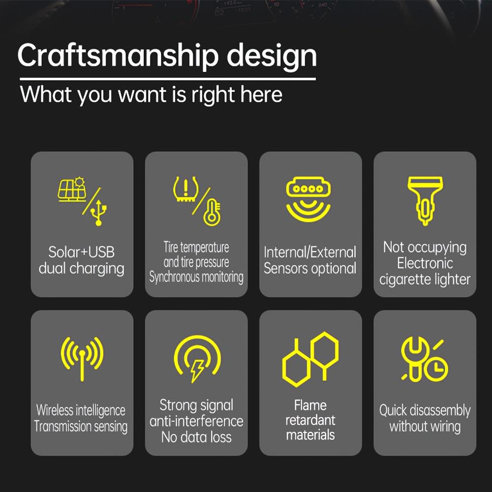 Solar Wireless TPMS Car Tire Pressure and Temperature Monitor with External Sensors