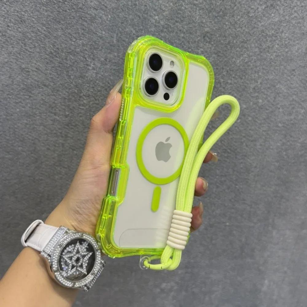 Fashion Candy Colour Clear Case for IPhone 17 Air 16E 15 14 Plus 13 12 11 Pro Max Magnetic Shockproof Wrist Strap Lanyard Cover