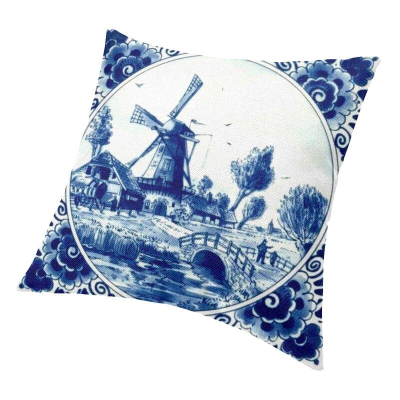 Dutch Blue Delft Cushion Cover 40X40Cm Vintage Windmill And Bridge Art Pillow Case For Sofa Square Pillowcase Home Decorative