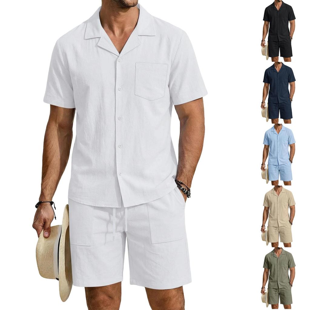 Men's Linen Short Sleeve Shirt and Shorts Set Casual Loose Fit Breathable with Pockets