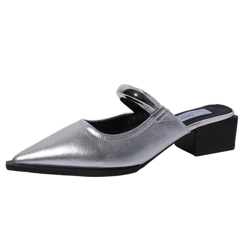 Pointed toe slippers summer new high-end simple slope heels cool slippers women's shoes