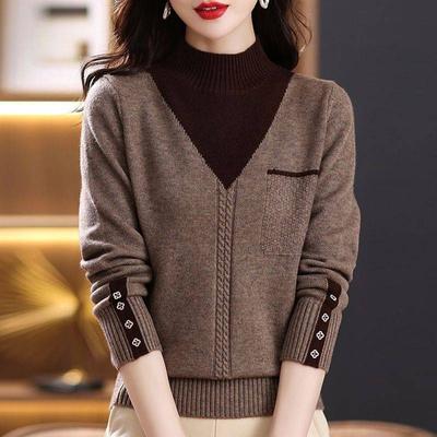 Half Turtleneck Sweater Women's Fake Two-piece Sweater Autumn and Winter Loose Western Style Bottoming Shirt