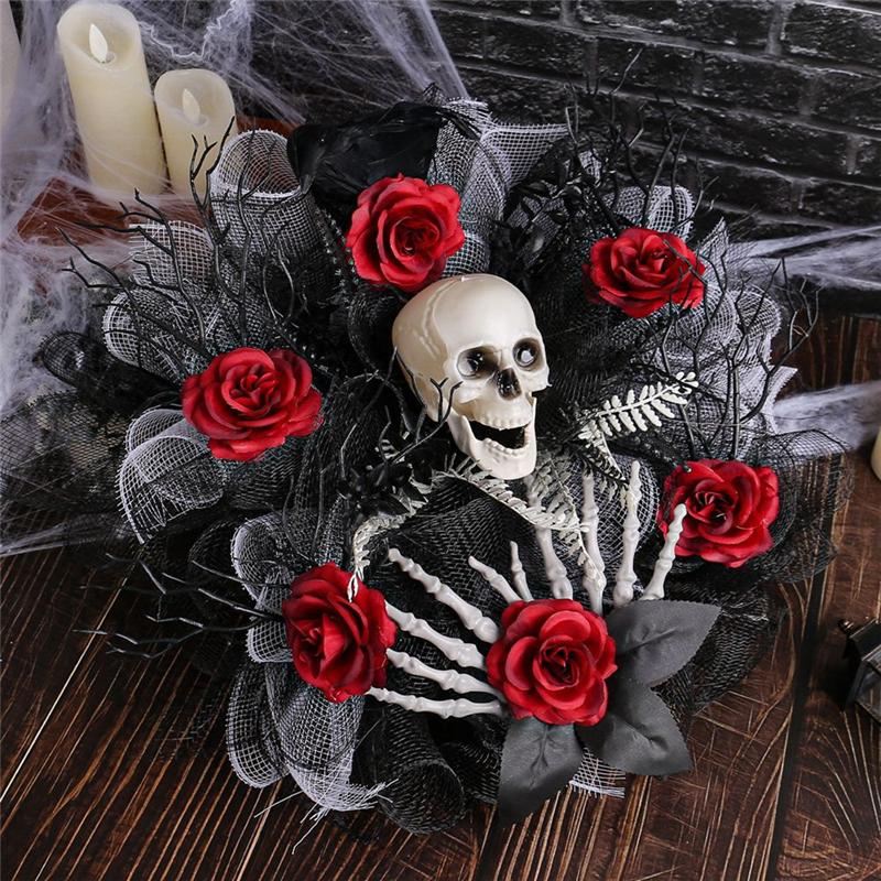 Good-Halloween Rose And Skull Tulle Wreath Adjustable Headband Halloween Wreaths For Front Door For Party Costume