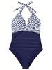 European & American Black Halterneck One-Piece Swimsuit - Pleated Waist Slimming Design