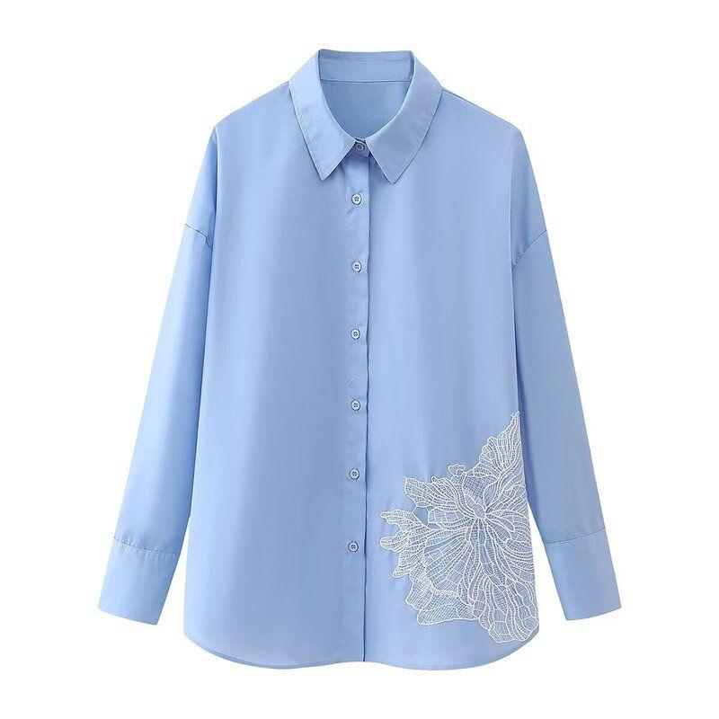 2024 Spring New Women's Clothing Loose Long Sleeves Embroider Flower Decorative Poplin Shirt Tops 2376255 406