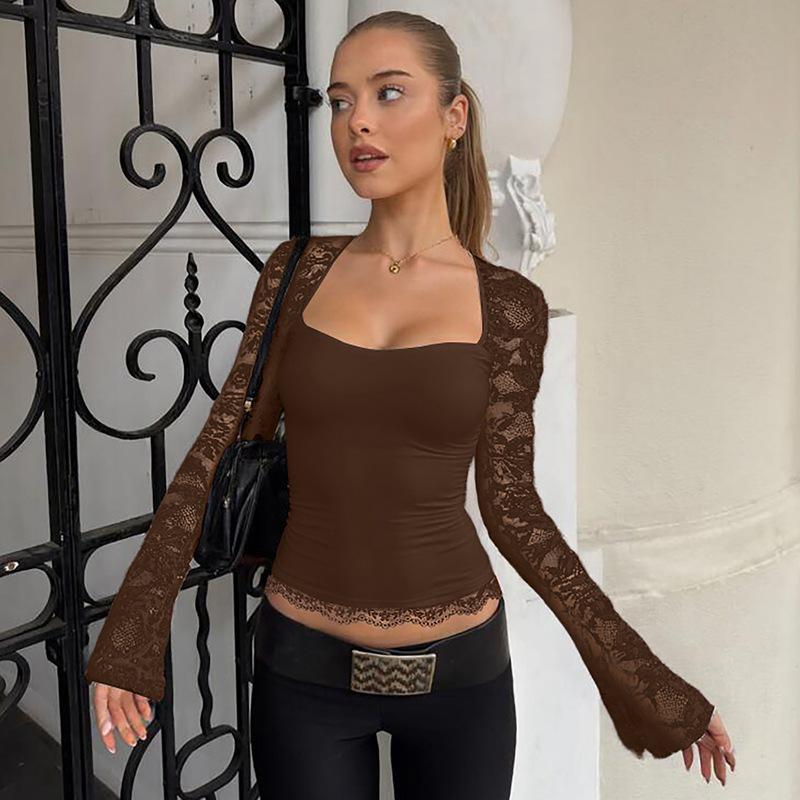 

2026 Summer Women s Fashion Lace Patchwork Long Sleeve Top Small