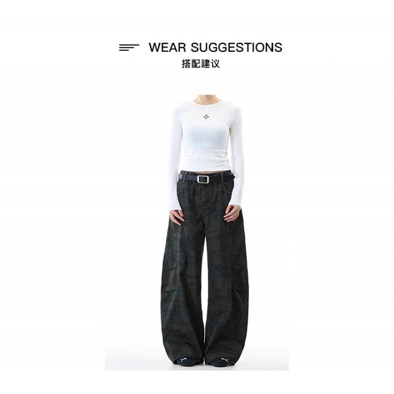 Unisex Camo Cargo Pants Loose Fit Wide Leg Trousers Men Women Casual Streetwear Winter