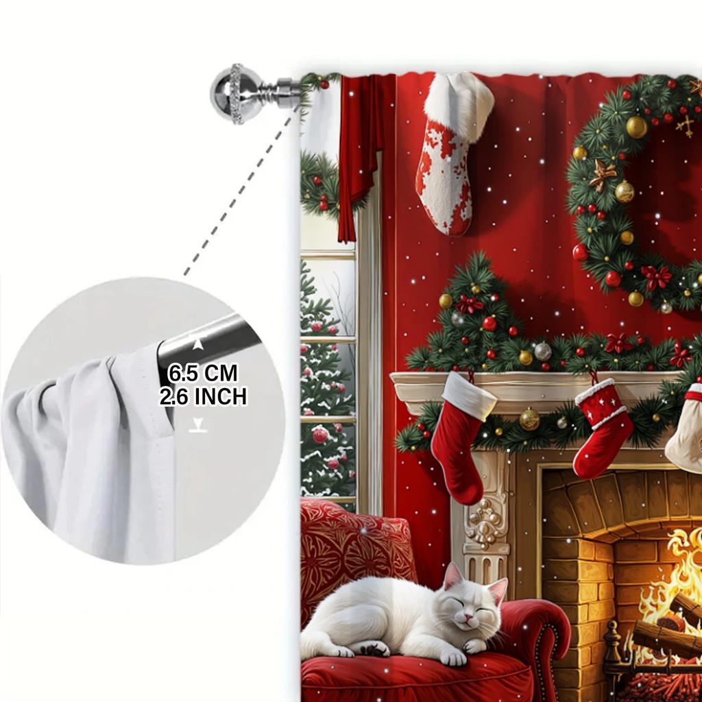 2pcs Christmas Fireplace Printed Curtain for Christmas Home Decor - Rod Pocket Window Treatment for Bedroom, Office, Kitchen