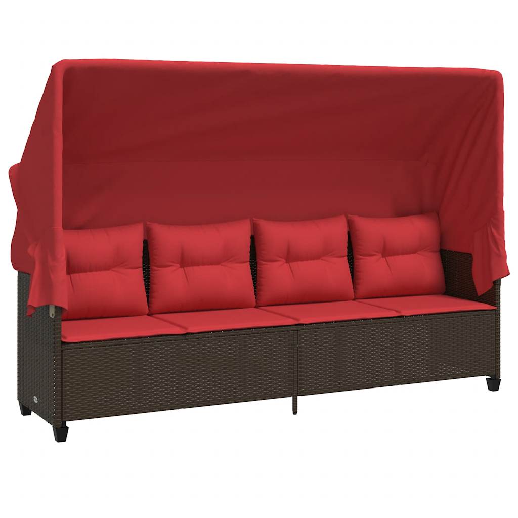 Sonnenliege mit Baldachin und Kissen Braun Poly-Rattan