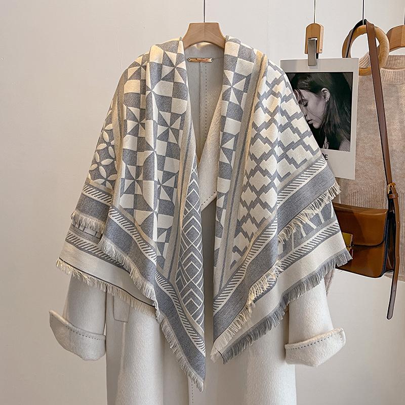 Luxury  Cashmere Scarf For Women - Winter Geometric Printed Tasseled Shawl, Pashmina Wrap & Bandana Poncho