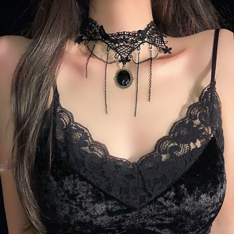 Retro Witch Princess Black Lace Tassel Flower Choker Necklace