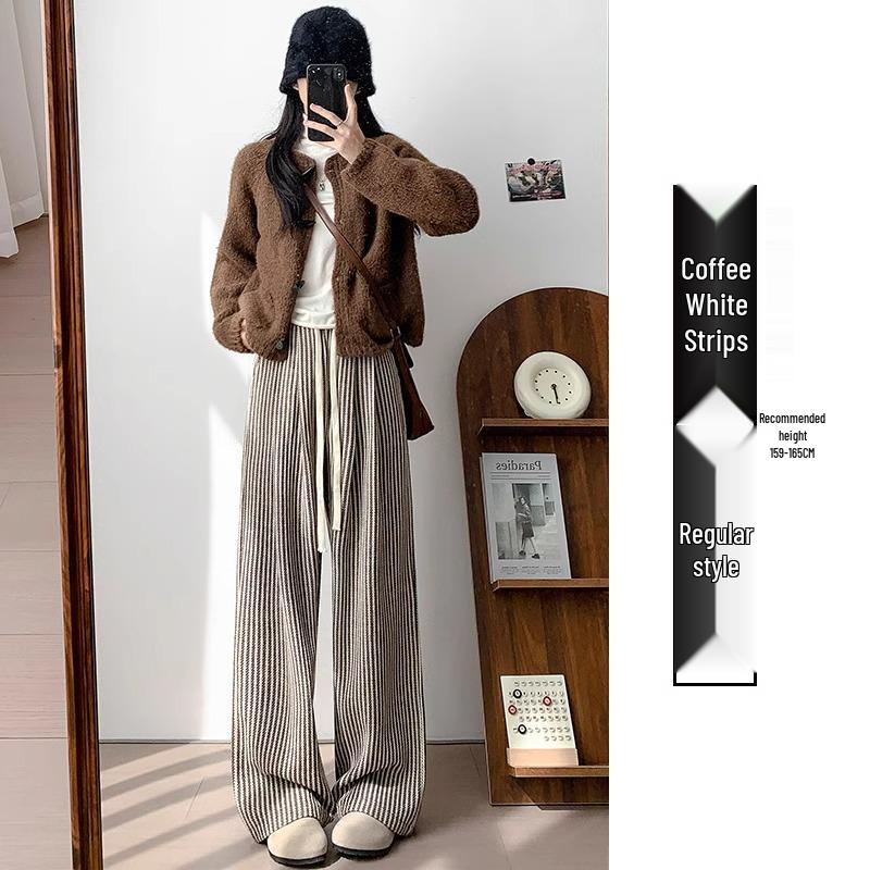 Petite Coffee Pinstripe Casual Women's Wide-Leg Pants, Drawstring High Waist, Relaxed Fit - Perfect for Spring & Autumn.