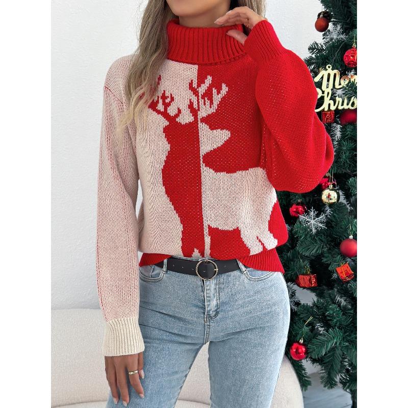 Winter and Autumn Color-Contrasting Deer-Lined Long-Sleeved High-Neck Pullover Sweater for Women - Christmas