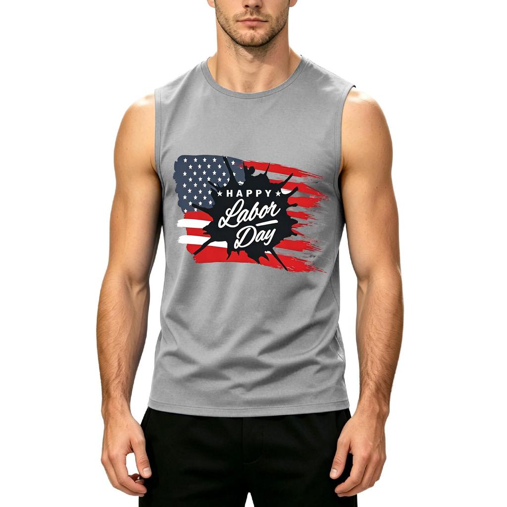 Men's Sleeveless Casual Tank Top Labor Day Printed Muscle Shirt Crew Neck Summer Workout Tee