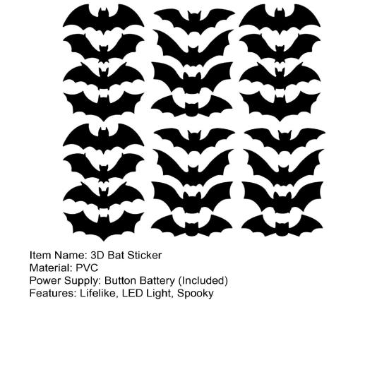 LED Flaggermus Veggklistremerke Lysende 3D Flaggermus Dekorative Veggklistremerker Avtakbare PVC Vindusdekaler for Soveromsdørvegg Halloween-festdekor