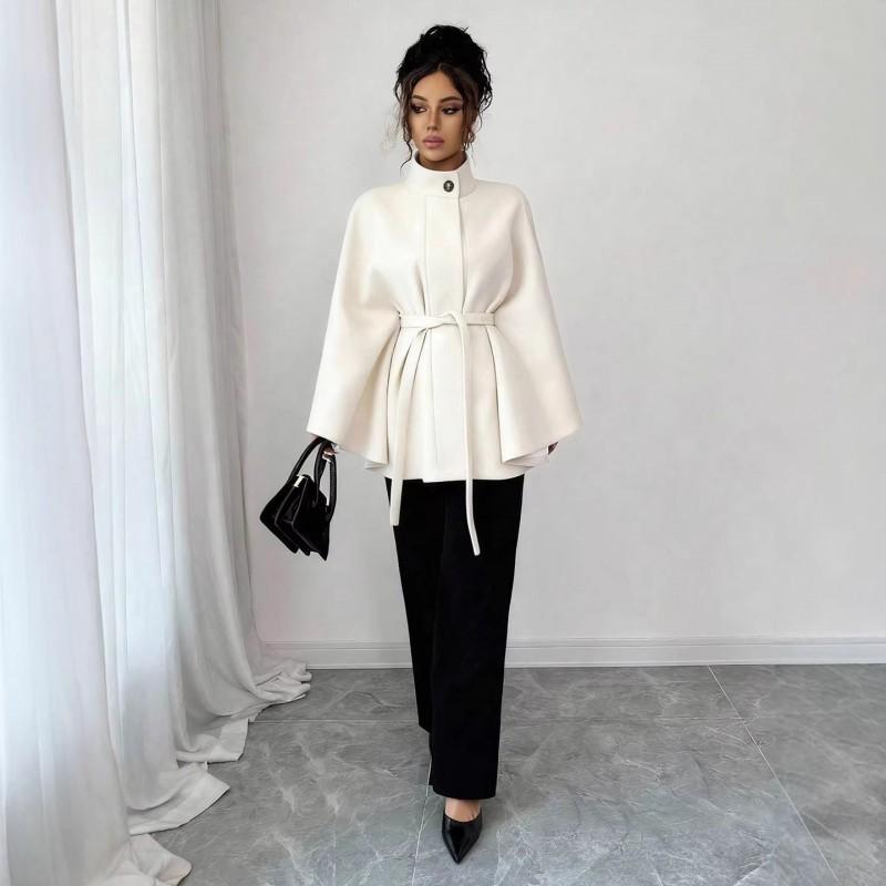Manteau Cape Élégant pour Femme en Laine Mélangée à Col Montant Ceinture à Nouer Garniture en Fourrure de Lapin Vêtement d'Hiver