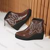 Women Embroidered Platform Pu Leather Punk Ankle Boots Autumn Winter New Fashion Chunky Wedges Boots Woman Slip On Gothic Shoes