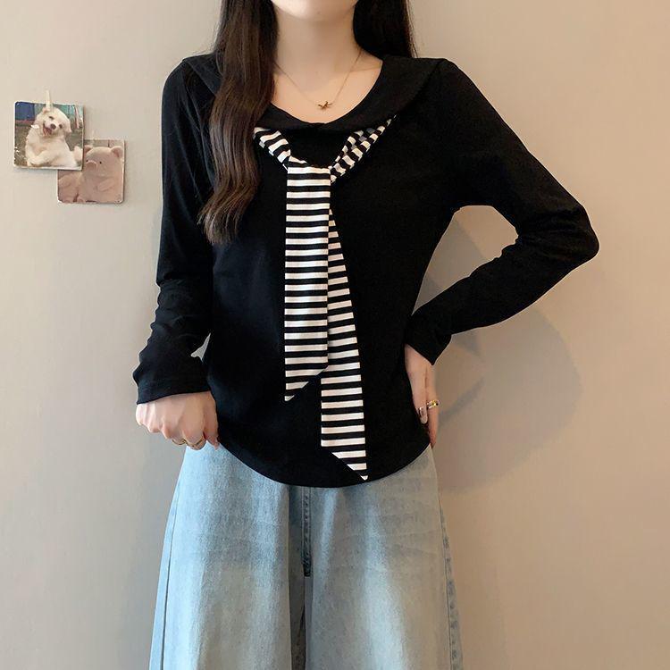 

Plus Size Navy Collar Striped Long Sleeve Women s T-shirt - Slimming & Versatile Spring/Autumn Style. M (Recommended 80-100 lbs) чорний