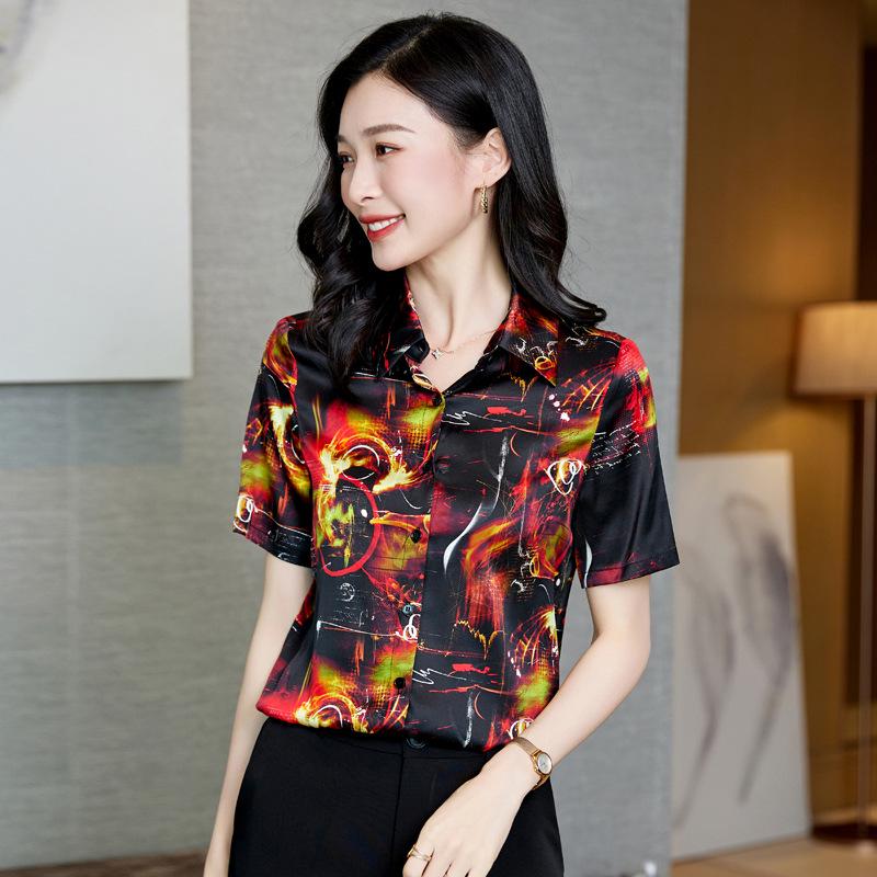 Summer 2025 Mulberry Silk Top: Hangzhou Short-Sleeve Dress for Middle-Aged Women, Printed Design, Large Size