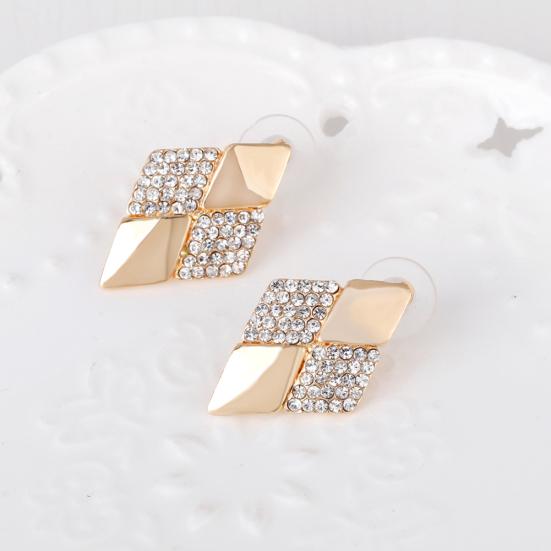 Women KC Gold Plated Rhombus Shape Necklace Earrings Rhinestones Jewelry Set