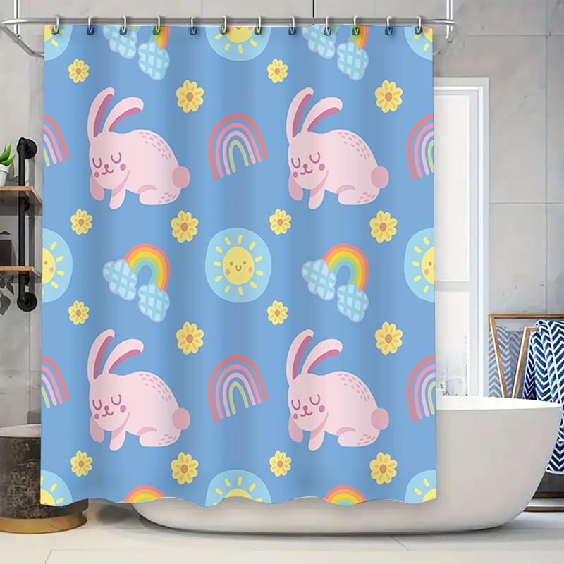

Bright Blue Shower Curtain With Pink Bunny Rabbit Pattern For Bathroom Decor Waterproof Fabric, Perfect Gift For Kids Or Animal W60H190(CM)-1 Pcs