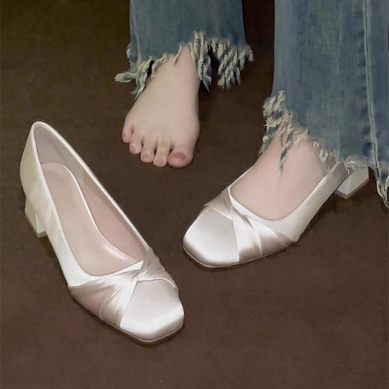 Fashion Women's Spring New Style Fashion Square Toe Designer Single Shoes Outdoor Walking Comfortable Shallow Mouth High Heels Plus Size