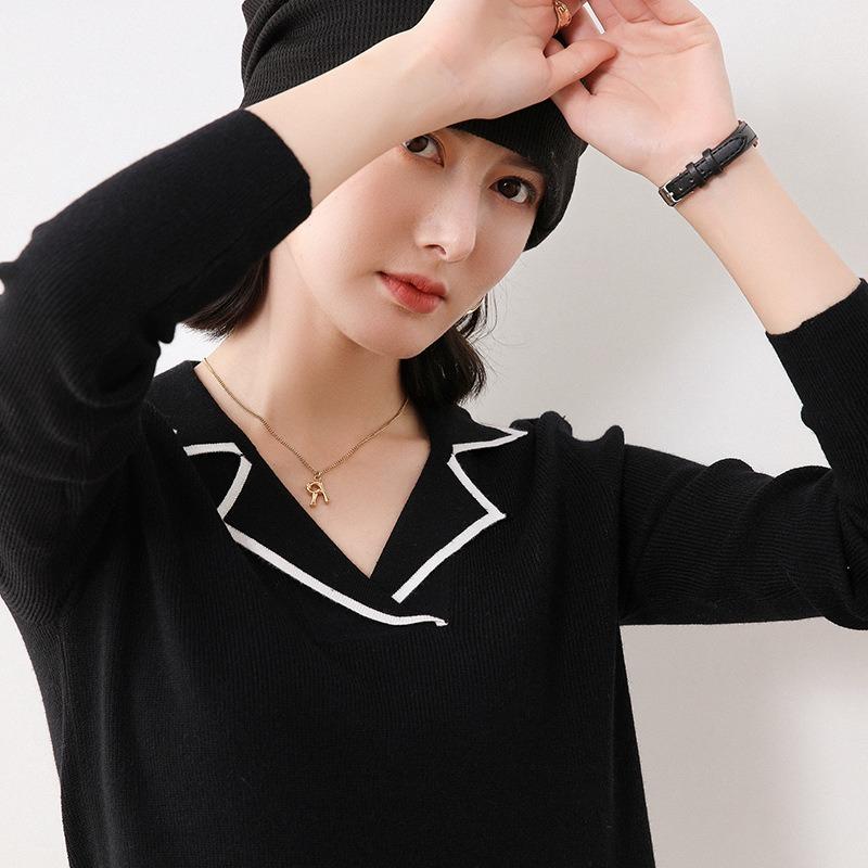 Strickpullover mit Reverskragen in Kontrastfarbe, Damen, dünn, neu, Frühling und Herbst, hochwertig, Polokragen, figurbetont, Pullover