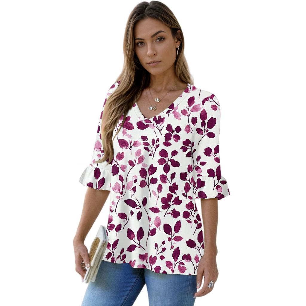 Women's Casual 3/4 Sleeve Tops V-Neck Sleeve T-Shirt Floral Print Tops