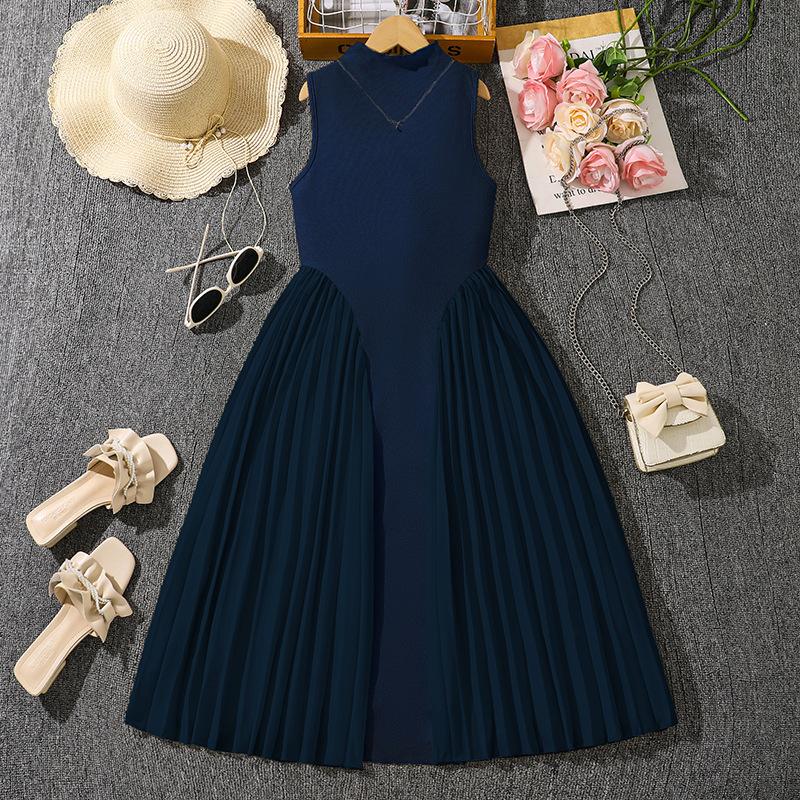 Girls' Fashionable Dress for Summer, Children's Elegant Solid-color Stand-up Collar Pleated Sleeveless Long Dress