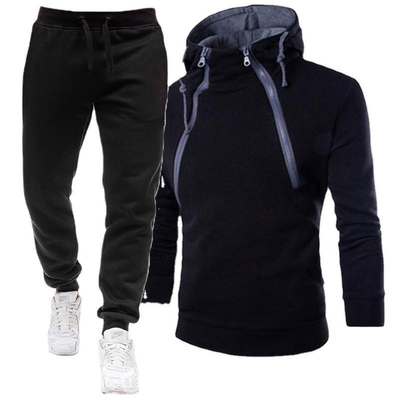 Spring and Autumn Men's Double Zipper Contrast Color Hooded Jacket Set