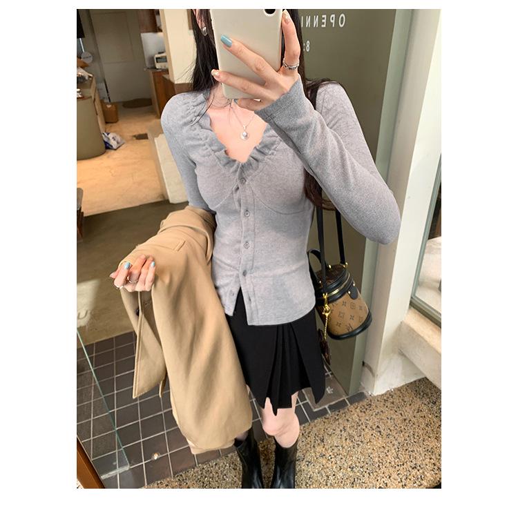 Korean Elegant Ruffle V-Neck Cardigan Women's Slimming Base Layer T-Shirt Top for Autumn/Winter