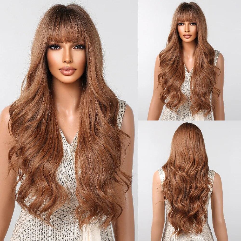 

Длинные волнистые синтетические парики с челкой, натуральный рыжий коричневый свободный вьющийся волнистый парик для черно-белых женщин, термостойкий, на каждый день LC2097-4