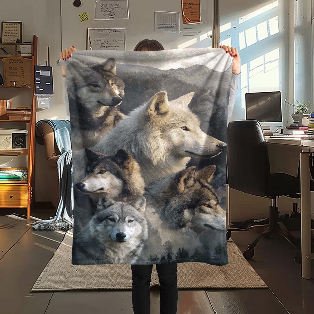 1PC Gray wolf Print Flannel Blanket, High quality Comfortable for All Seasons, Home Decor, Warmth and Comfort