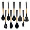 Black Wood Handle Silicone Kitchenware Set: Food-Grade Spatula, Soup Ladle & Cooking Utensils