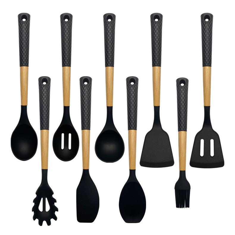 Black Wood Handle Silicone Kitchenware Set: Food-Grade Spatula, Soup Ladle & Cooking Utensils