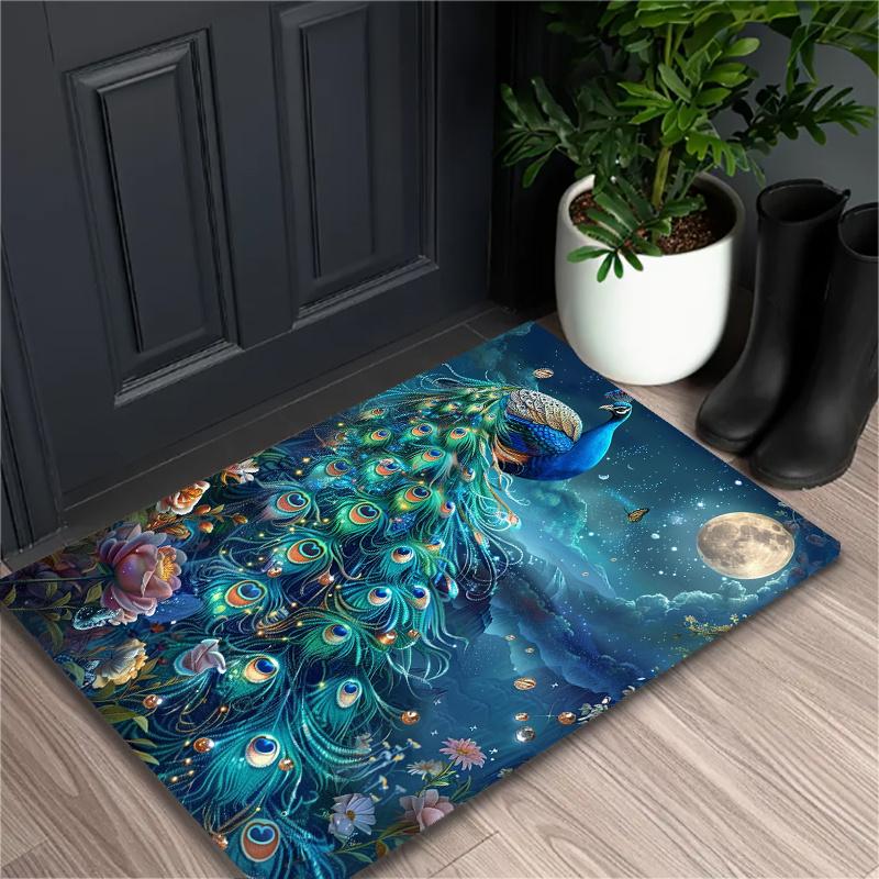 Vibrant Peacock Fantasy Print Area Mat - Non-Slip Soft Crystal Velvet, Large Size  Stunning Blue Peacock & Flora