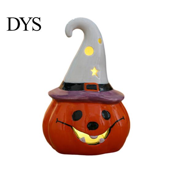 Ceramic Ghost Pumpkin Light Halloween Tealight Holder, Lighted Figurine with Indoor Party Atmosphere Lamp Witch Hat, Tiered Tray Tabletop Decor