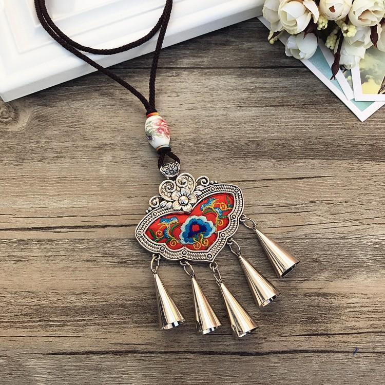 Retro Long Fashion Classical Embroidery Fringed Necklace Temperament Wind Chimes Pendant Miao Sweater Chain Accessories