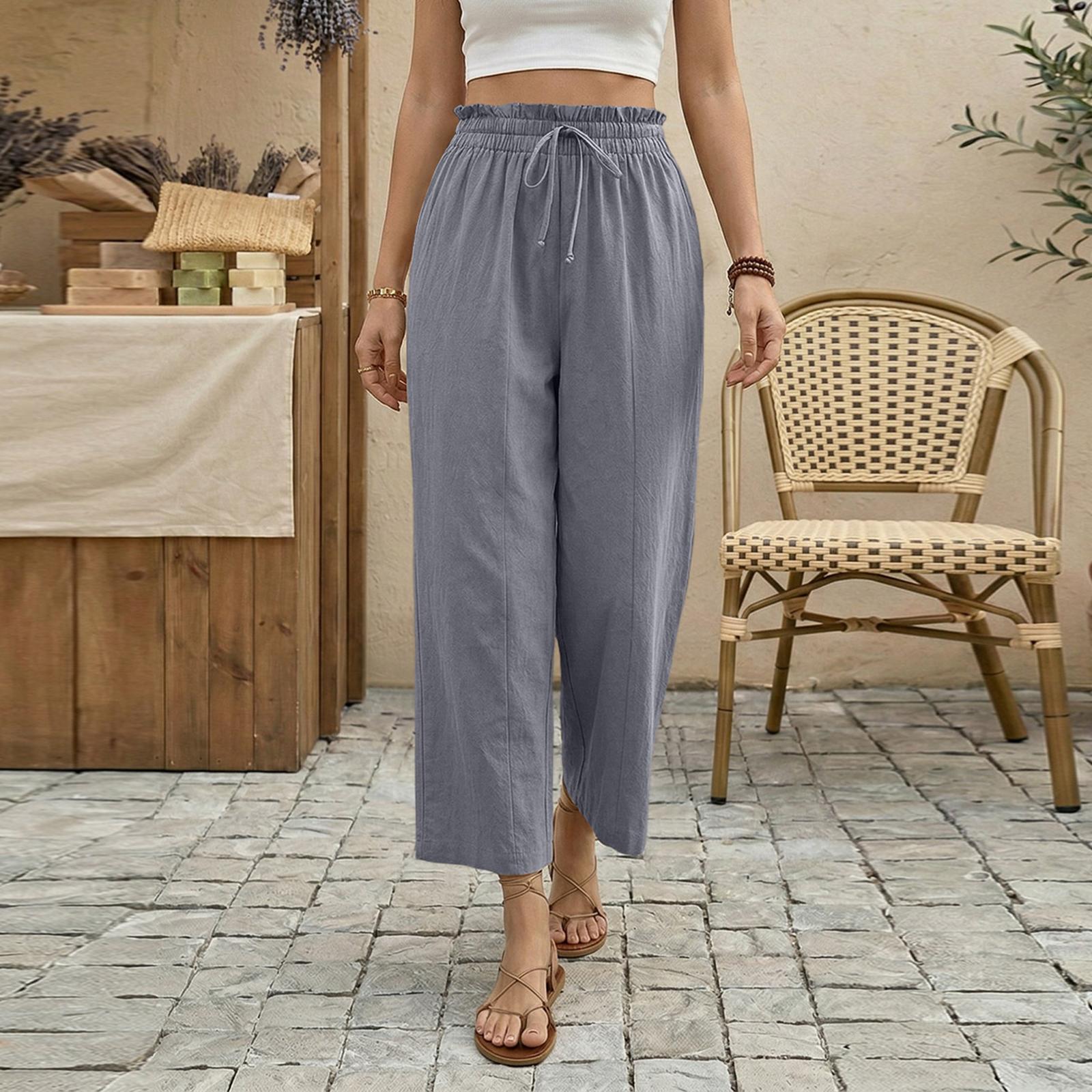 

Women s Loose Fit Wide Leg Cropped Pants Elastic Waistband with Drawstring Casual Summer Trousers Lightweight Breathable Fabric XXL