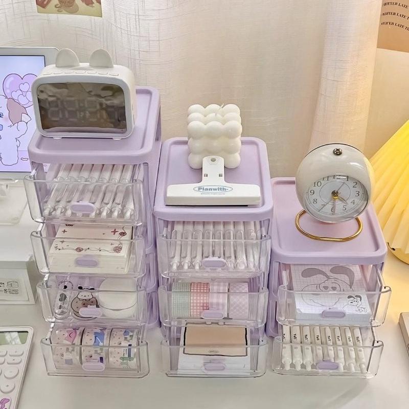 Purple Desktop Storage Box Organizer with Drawers Clear Plastic Office School Stationery Makeup Cosmetic Jewelry Storage Boxes