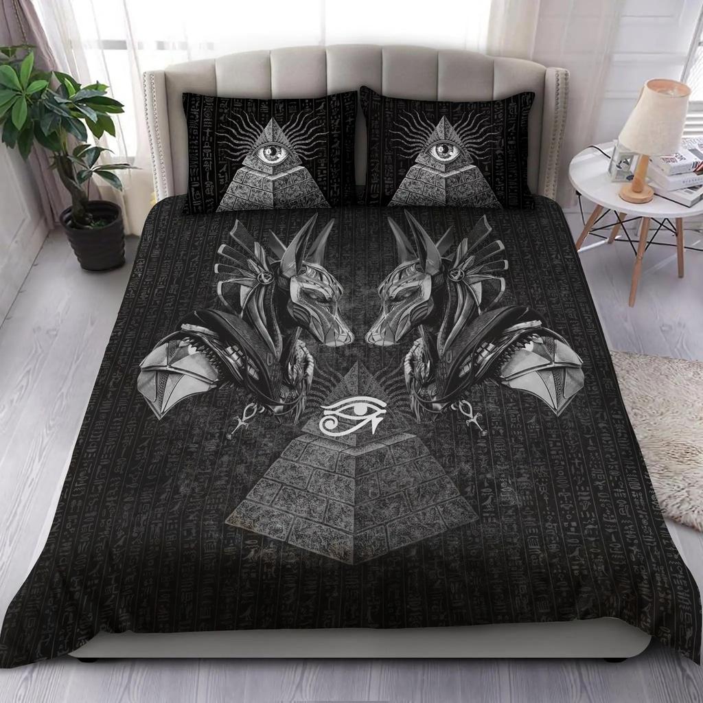 Égypte Antique Anubis Housse de Couette Ensemble Symbole Égyptien Culture Ensembles de Literie Vintage Pharaon Pyramide Boho Tribal Housse de Couette Queen