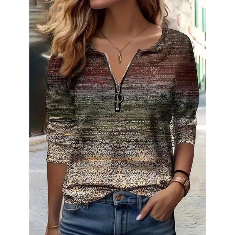 

YYFS Женская мода Повседневная весна-осень Цветные блоки Принт Длинные рукава V-образный вырез Блузки и рубашки L бордовый