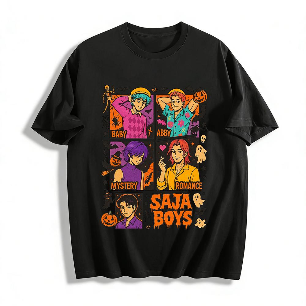 

Halloween Themed Saja Boys Graphic Tee Retro Comic Style Festival Casual Loose Fit Top Pure cotton T-shirt XXS