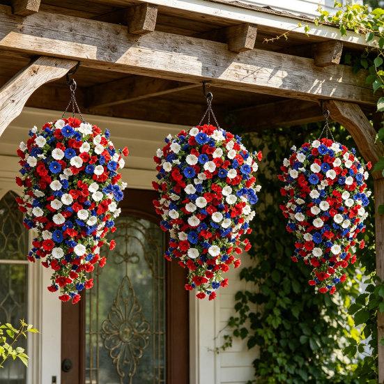 Artificial Red White Blue Flowers, Patriotic Hanging Flowers, UV Resistant Artificial Morning Glory Flowers, Fake Greenery Garland for Home Porch Yard