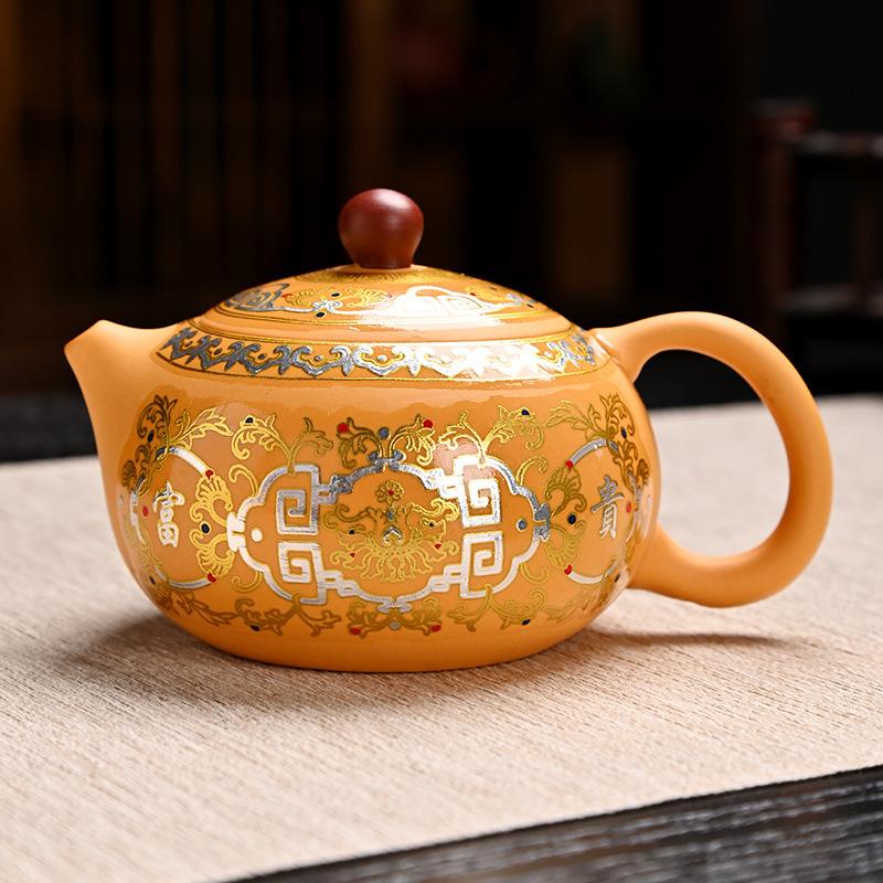 Gold Duan Mud Xishi Pot Gold and Silver Cuo Purple Sand Fengming Pot Tea Set Travel Portable Set
