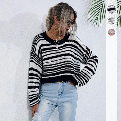 Vintage Fashion Elegant Casual Autumn Round Neck Long Sleeve Bottoming Knit Sweater Short Striped Sweater Women