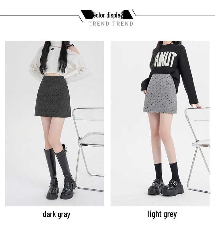 Women's High-Waisted Gray Polka Dot Woolen Half-Skirt - Slimming, Thickened, Petite Fit for Autumn/Winter 2025