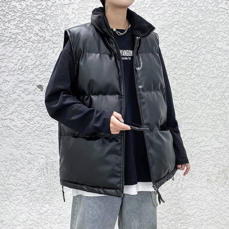 Men's Vest Autumn and Winter Leather Cotton Coat Korean Style Trendy Waistcoat Men's Loose Winter Handsome Thickened Outer Vest Jacket