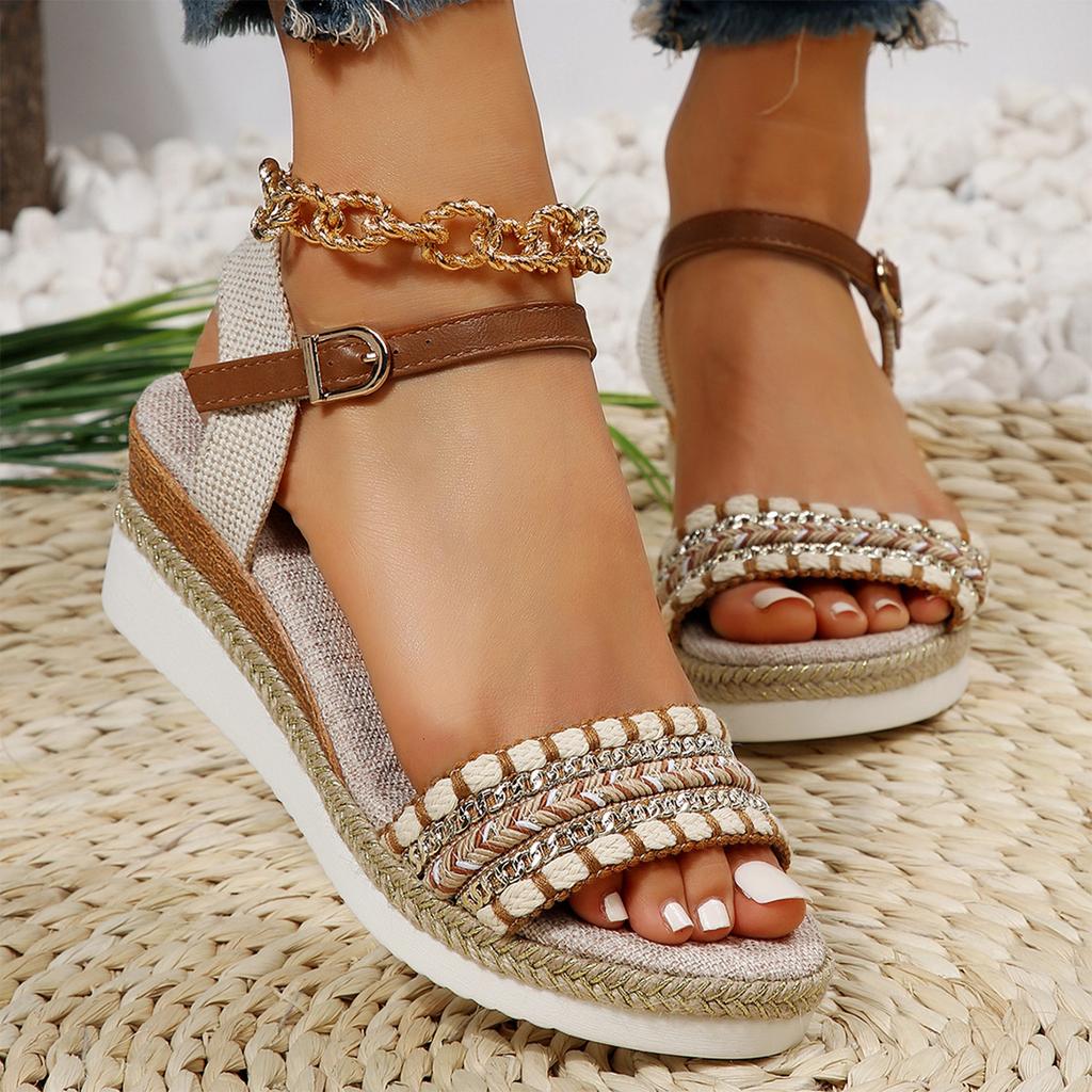 Sandali con zeppa intrecciati in iuta da donna Open toe Cinturino con fibbia Scarpe con plateau Calzature casual estive